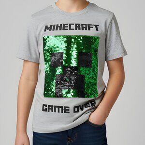 Minecraft Reversible Sequin Game Over T-Shirt Kids Medium Gray Creeper/TNT